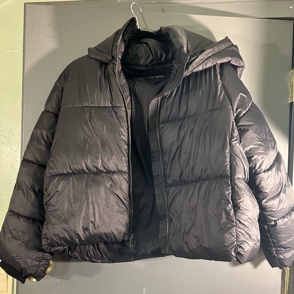 Shiny Black, Banana Republic, Short Hooded Puffer Jacket, Medium Petite